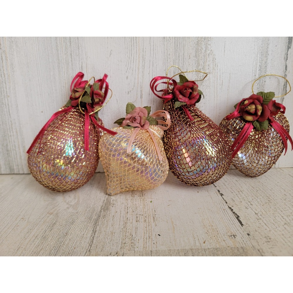 Victorian‎ style net wrapped pear heart abstract shaped ornament Xmas set